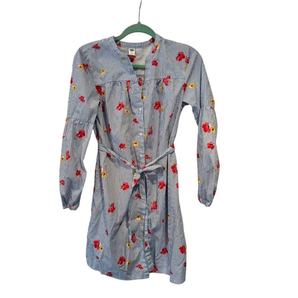 Old Navy Womens Shirt‎ Dress Medium Blue Striped Floral Long Sleeve Button Up